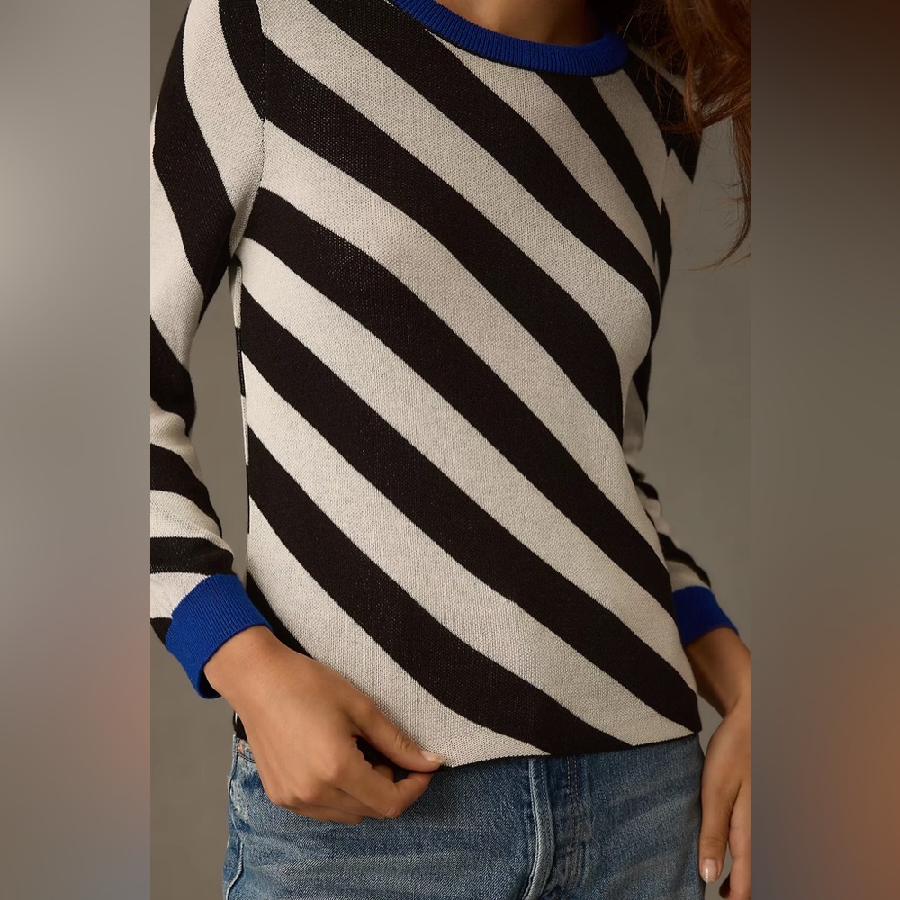 Maeve by Anthropologie striped pullover sweater black ivory blue trim size S - Picture 3 of 13